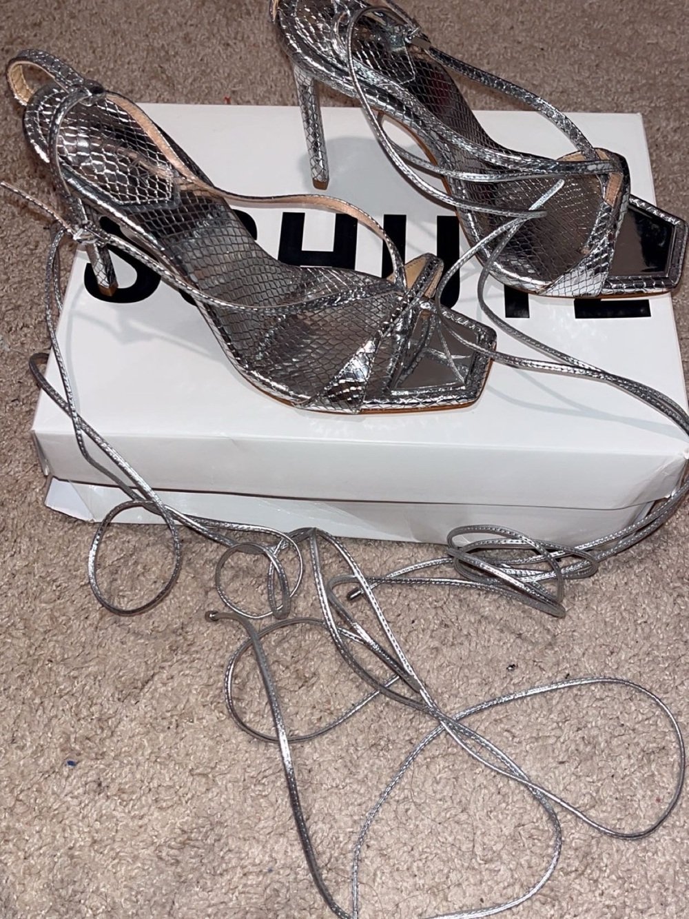 SCHUTZ Silver Snake-Effect Lace-Up Stiletto Sandals